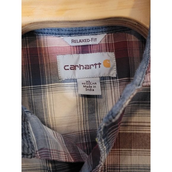 Carhartt Relaxed Fit Button Up Shirt Plaid 2 Pocket Size XL‎ Men's Burgandy Blue - Picture 4 of 6